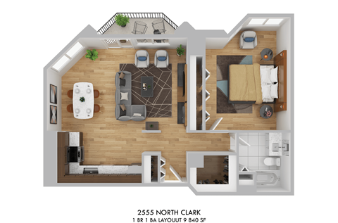 Floor plan for 1 bed, 1 bath, 840 sqft
